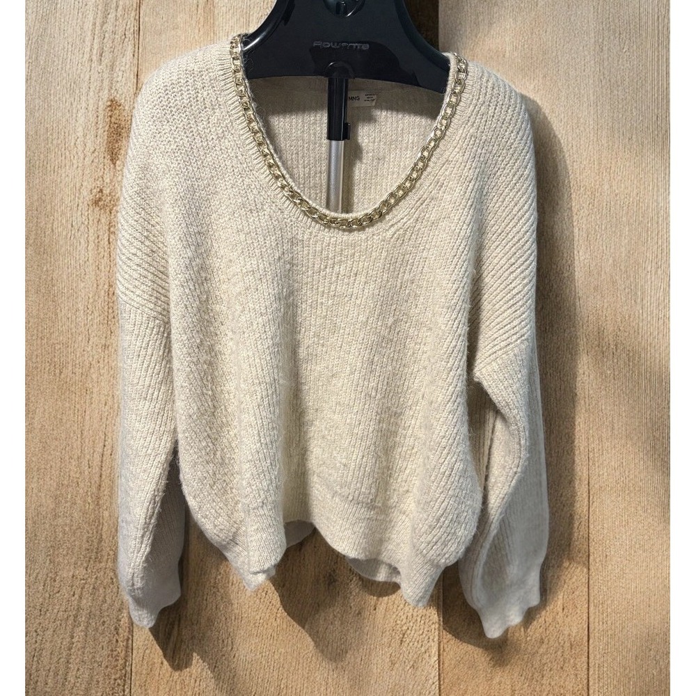 MNG Gold Necklace Chain Accent Cream Mango Sweater - Holiday - Party - Sz XL